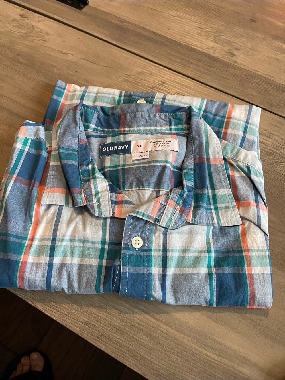 #A060 Old Navy Men’s Blue, Teal & Orange Plaid Button-Down Shirt